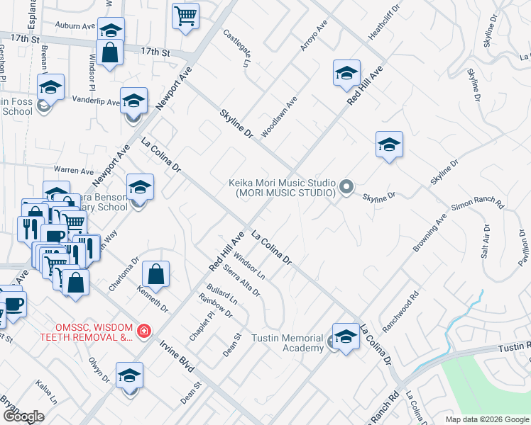 map of restaurants, bars, coffee shops, grocery stores, and more near 1522 Oakhill Court in Santa Ana