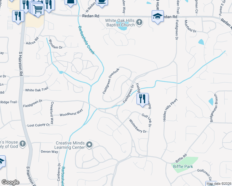 map of restaurants, bars, coffee shops, grocery stores, and more near 5018 Fieldgreen Crossing in Stone Mountain
