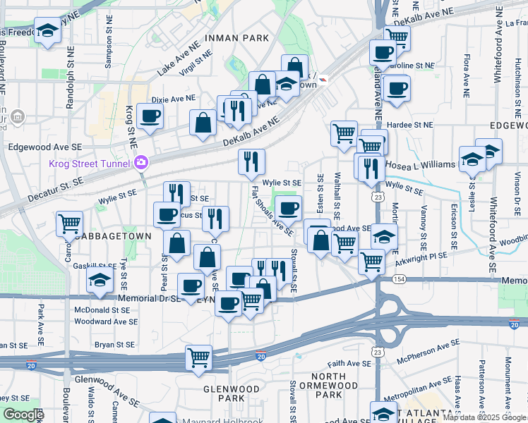 map of restaurants, bars, coffee shops, grocery stores, and more near Stein Steel Street Southeast in Atlanta
