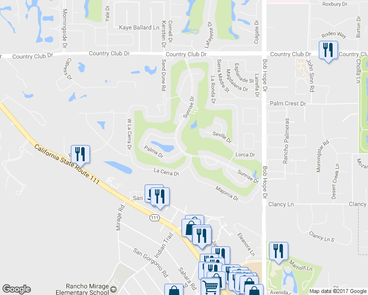map of restaurants, bars, coffee shops, grocery stores, and more near 47 Sunrise Drive in Rancho Mirage