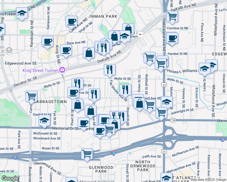 map of restaurants, bars, coffee shops, grocery stores, and more near 129 Stein Steel Street Southeast in Atlanta