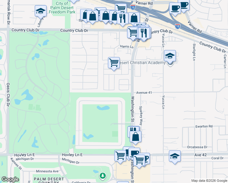 map of restaurants, bars, coffee shops, grocery stores, and more near 40932 Flying Sea Road in Palm Desert