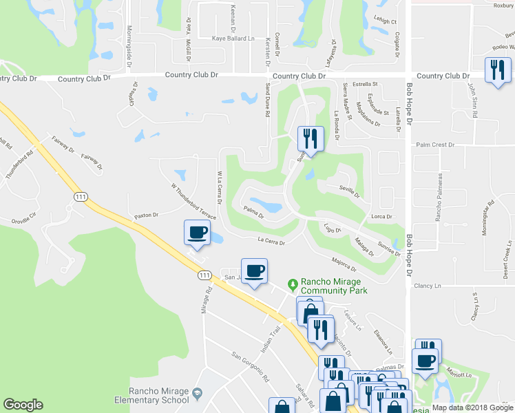 map of restaurants, bars, coffee shops, grocery stores, and more near 92 Palma Drive in Rancho Mirage