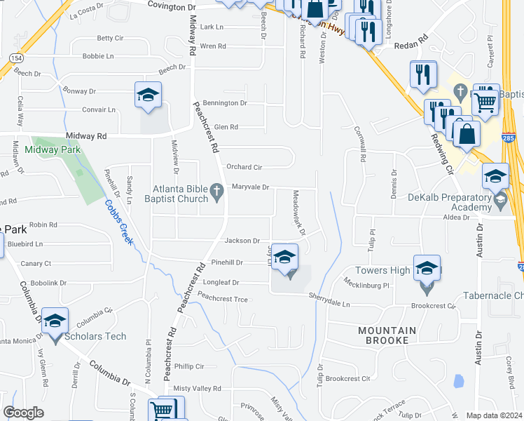 map of restaurants, bars, coffee shops, grocery stores, and more near 3480 Maplehurst Drive in Decatur