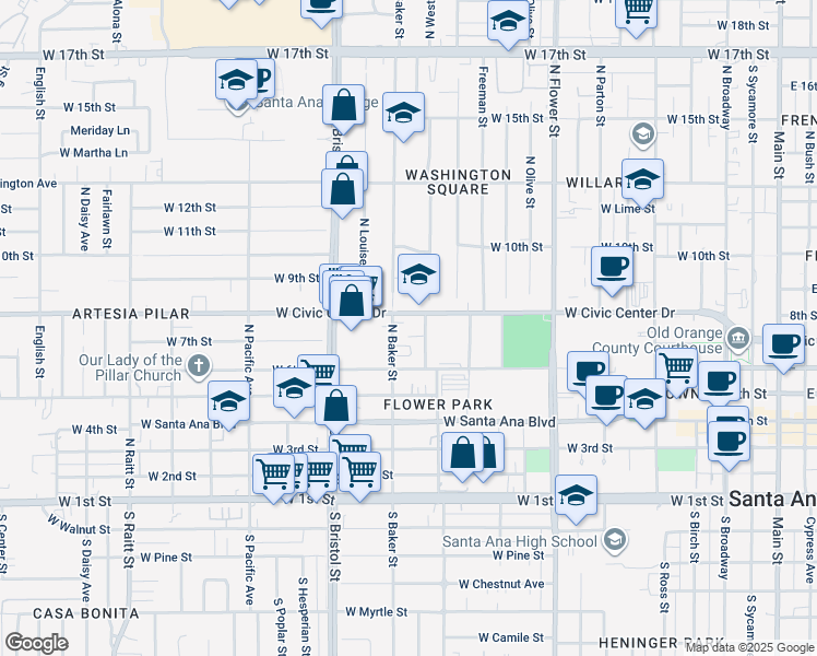 map of restaurants, bars, coffee shops, grocery stores, and more near 1148 West Civic Center Drive in Santa Ana