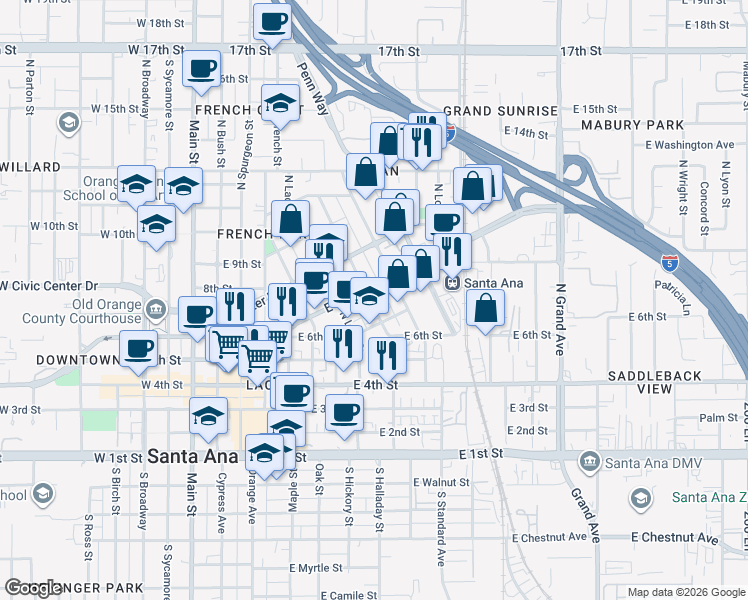 map of restaurants, bars, coffee shops, grocery stores, and more near 621 North Garfield Street in Santa Ana