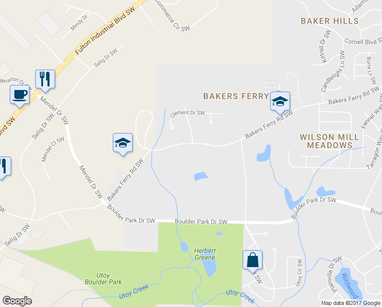 map of restaurants, bars, coffee shops, grocery stores, and more near 4430 Bakers Ferry Road Southwest in Atlanta