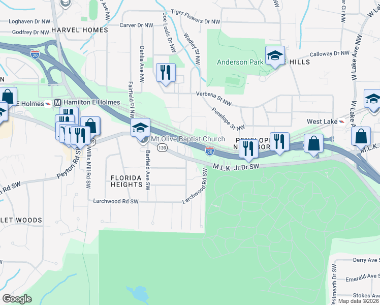 map of restaurants, bars, coffee shops, grocery stores, and more near 2129 Martin Luther King Junior Drive Southwest in Atlanta