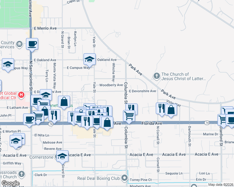 map of restaurants, bars, coffee shops, grocery stores, and more near 2351 East Devonshire Avenue in Hemet