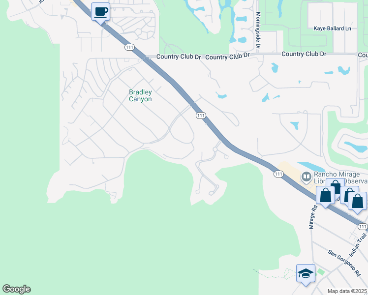 map of restaurants, bars, coffee shops, grocery stores, and more near 70639 Placerville Road in Rancho Mirage
