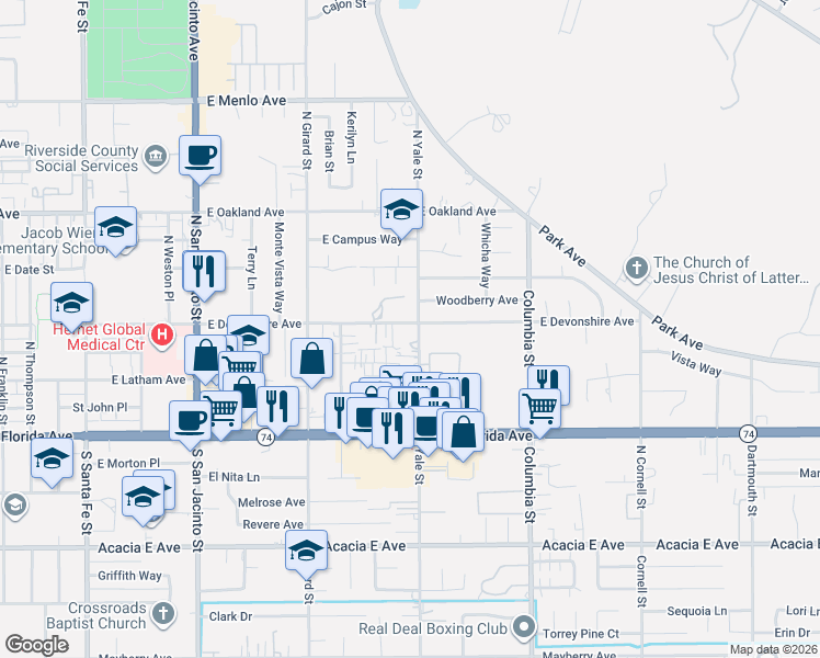 map of restaurants, bars, coffee shops, grocery stores, and more near 291 North Yale Street in Hemet
