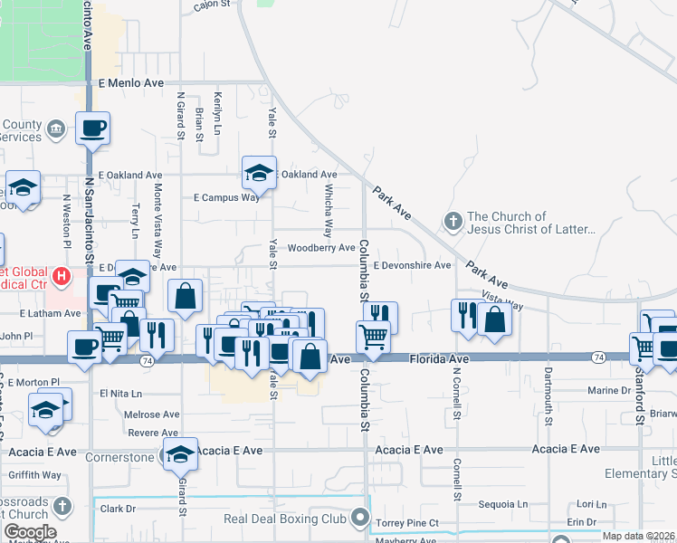 map of restaurants, bars, coffee shops, grocery stores, and more near 2351 East Devonshire Avenue in Hemet