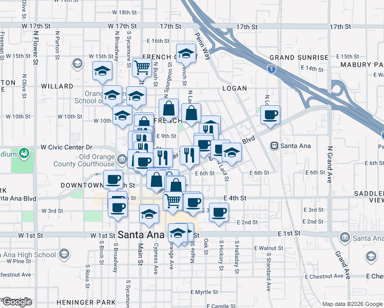 map of restaurants, bars, coffee shops, grocery stores, and more near 408 Civic Center Drive East in Santa Ana