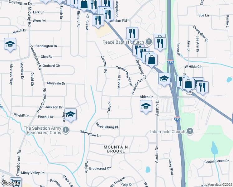 map of restaurants, bars, coffee shops, grocery stores, and more near 1421 Dennis Drive in Decatur