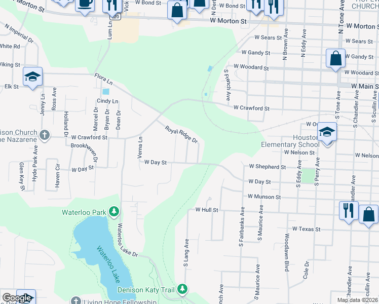 map of restaurants, bars, coffee shops, grocery stores, and more near 605 Queens Road in Denison
