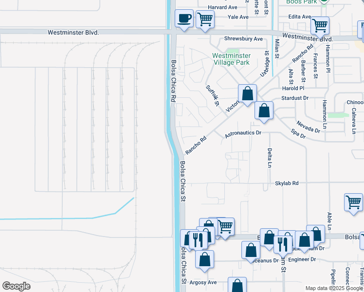 map of restaurants, bars, coffee shops, grocery stores, and more near 14581 Southfield Drive in Westminster