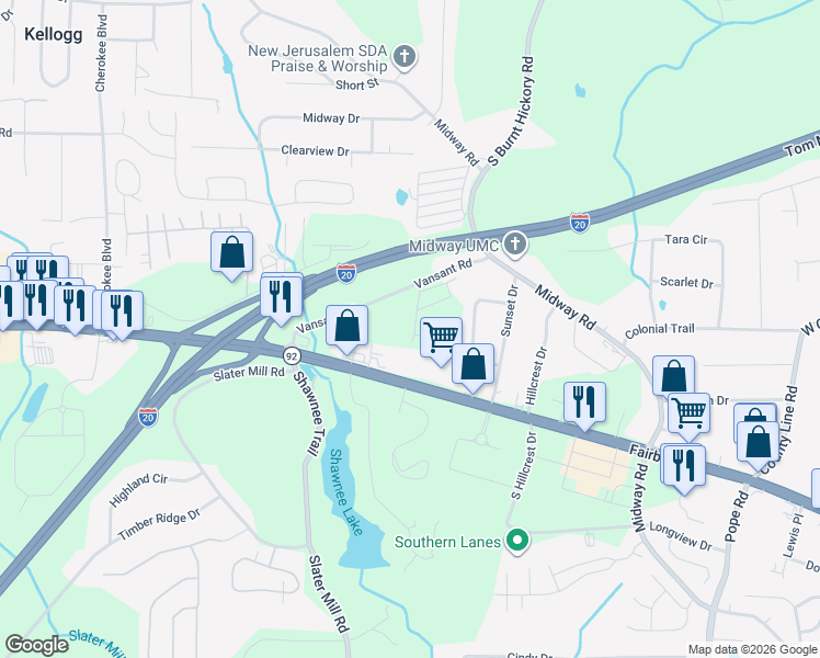 map of restaurants, bars, coffee shops, grocery stores, and more near 3965 Vansant Road in Douglasville