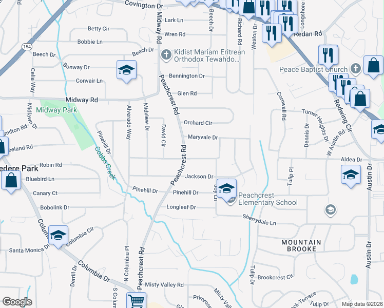 map of restaurants, bars, coffee shops, grocery stores, and more near 1424 Peachcrest Road in Decatur