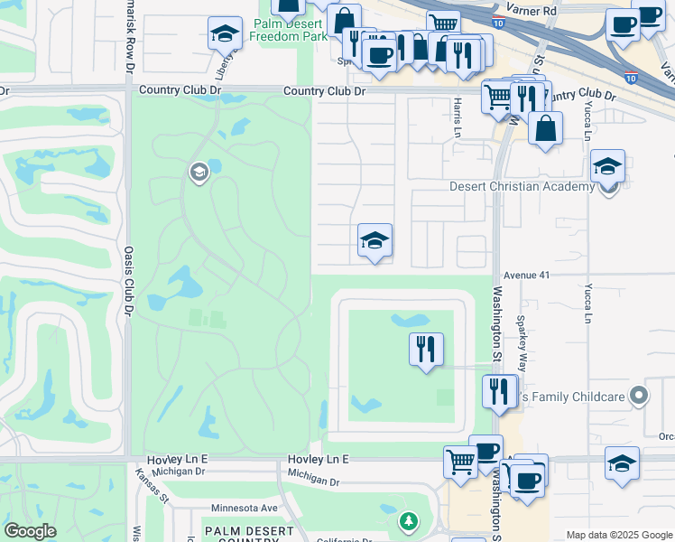 map of restaurants, bars, coffee shops, grocery stores, and more near 77570 Ashberry Court in Palm Desert