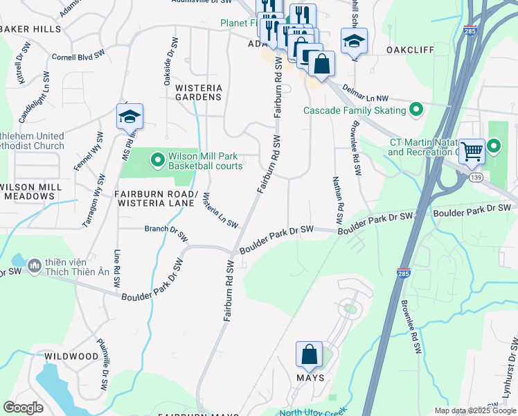 map of restaurants, bars, coffee shops, grocery stores, and more near 164 Fairburn Road Southwest in Atlanta