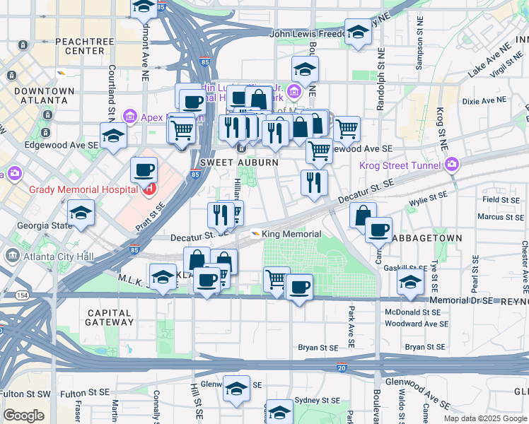 map of restaurants, bars, coffee shops, grocery stores, and more near 197 William Holmes Borders Senior Drive Southeast in Atlanta