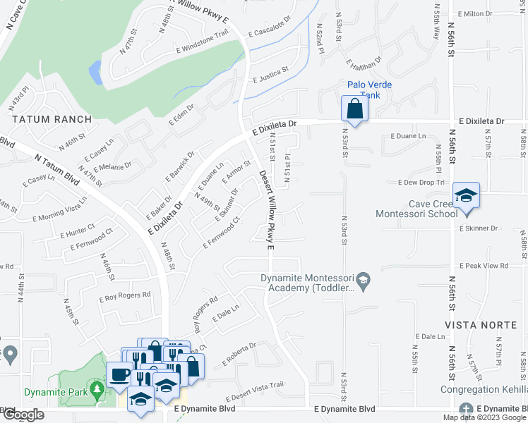 map of restaurants, bars, coffee shops, grocery stores, and more near 29230 North 50th Place in Cave Creek