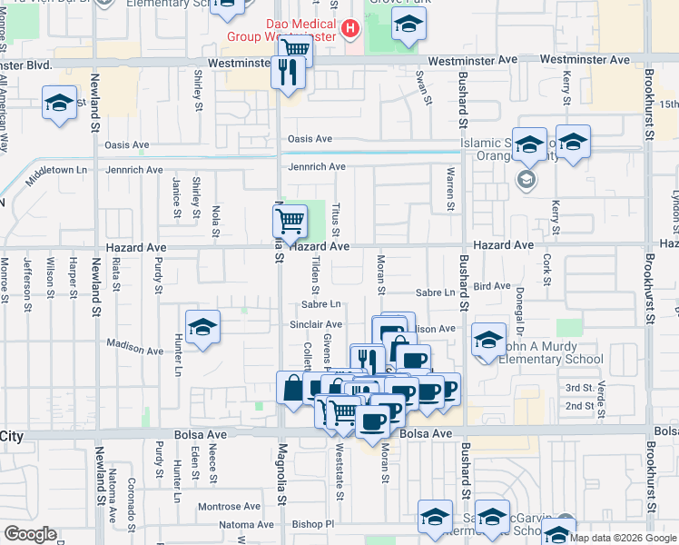 map of restaurants, bars, coffee shops, grocery stores, and more near 9180 Tropic Drive in Westminster