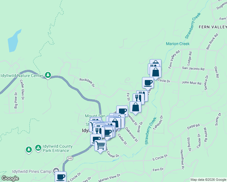 map of restaurants, bars, coffee shops, grocery stores, and more near 54396 Jameson Drive in Idyllwild-Pine Cove