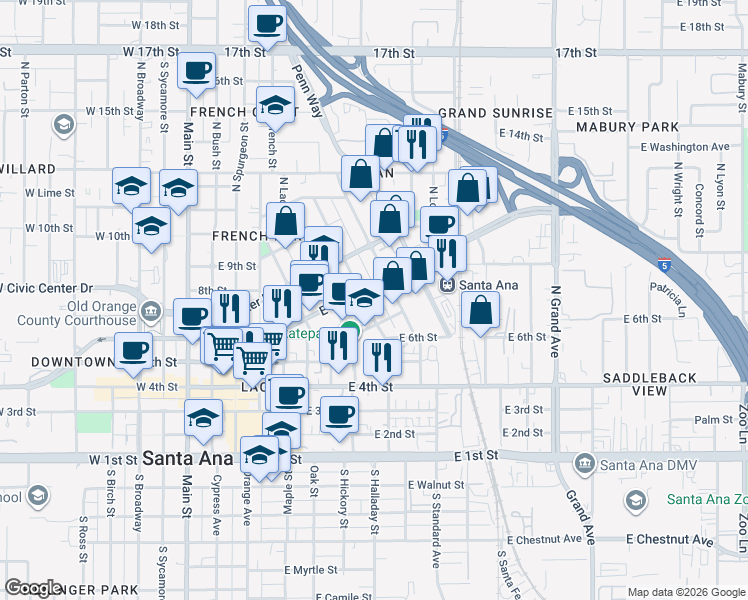 map of restaurants, bars, coffee shops, grocery stores, and more near 629 North Garfield Street in Santa Ana