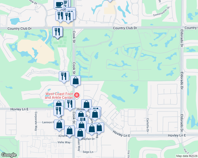 map of restaurants, bars, coffee shops, grocery stores, and more near 2 Running Springs Drive in Palm Desert