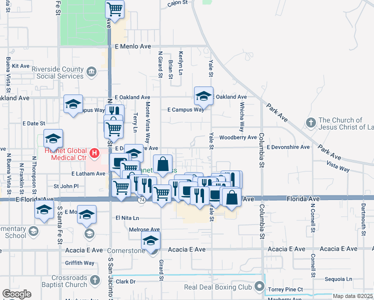 map of restaurants, bars, coffee shops, grocery stores, and more near 1958 East Devonshire Avenue in Hemet