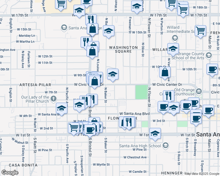 map of restaurants, bars, coffee shops, grocery stores, and more near 1146 West Civic Center Drive in Santa Ana
