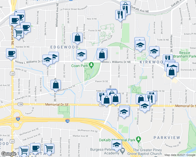 map of restaurants, bars, coffee shops, grocery stores, and more near 1625 Stanwood Avenue Southeast in Atlanta