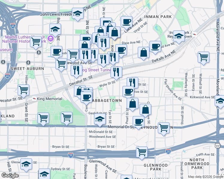 map of restaurants, bars, coffee shops, grocery stores, and more near 111 Short Street Southeast in Atlanta