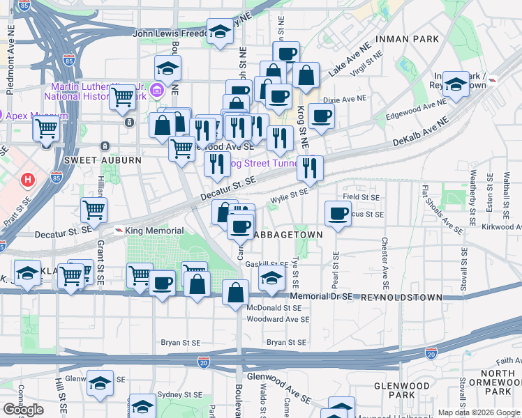 map of restaurants, bars, coffee shops, grocery stores, and more near 106 Carroll Street Southeast in Atlanta