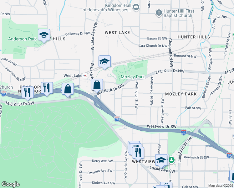 map of restaurants, bars, coffee shops, grocery stores, and more near 132 Racine Street Southwest in Atlanta
