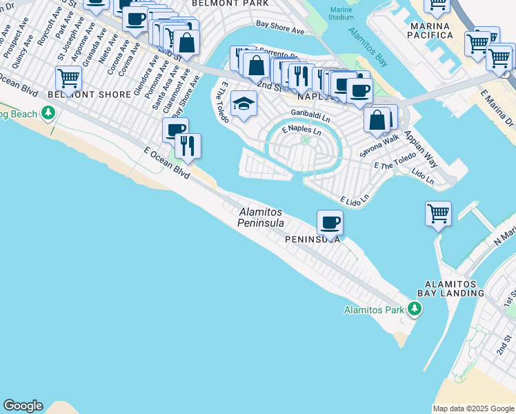 map of restaurants, bars, coffee shops, grocery stores, and more near 45 Dana Place in Long Beach