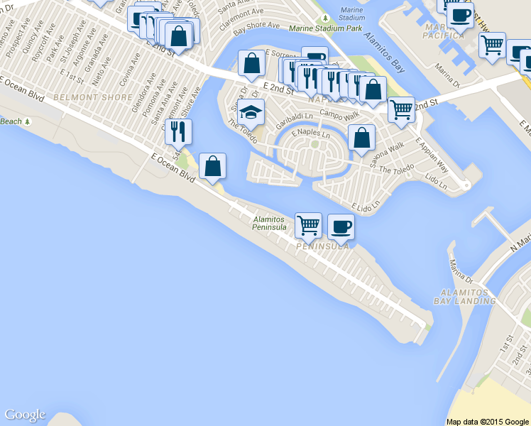 map of restaurants, bars, coffee shops, grocery stores, and more near 45 Dana Place in Long Beach