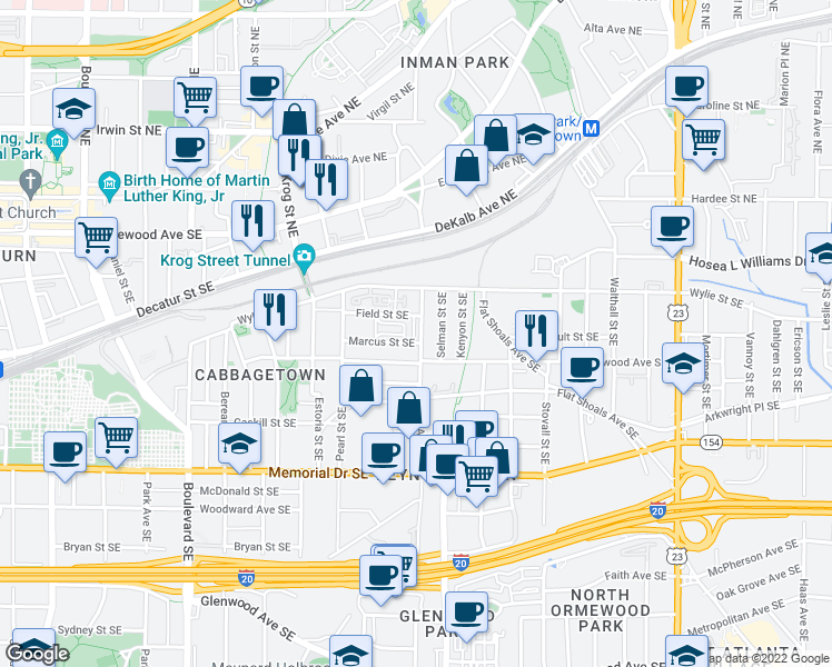 map of restaurants, bars, coffee shops, grocery stores, and more near 105 Chester Avenue Southeast in Atlanta