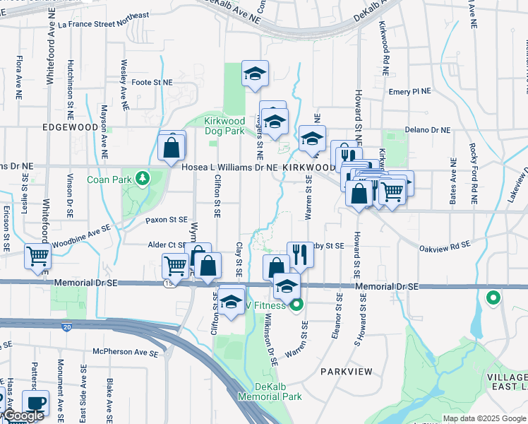 map of restaurants, bars, coffee shops, grocery stores, and more near 76 Rogers Street Southeast in Atlanta