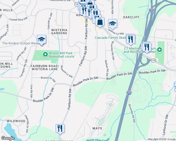 map of restaurants, bars, coffee shops, grocery stores, and more near 261 Howell Terrace Southwest in Atlanta