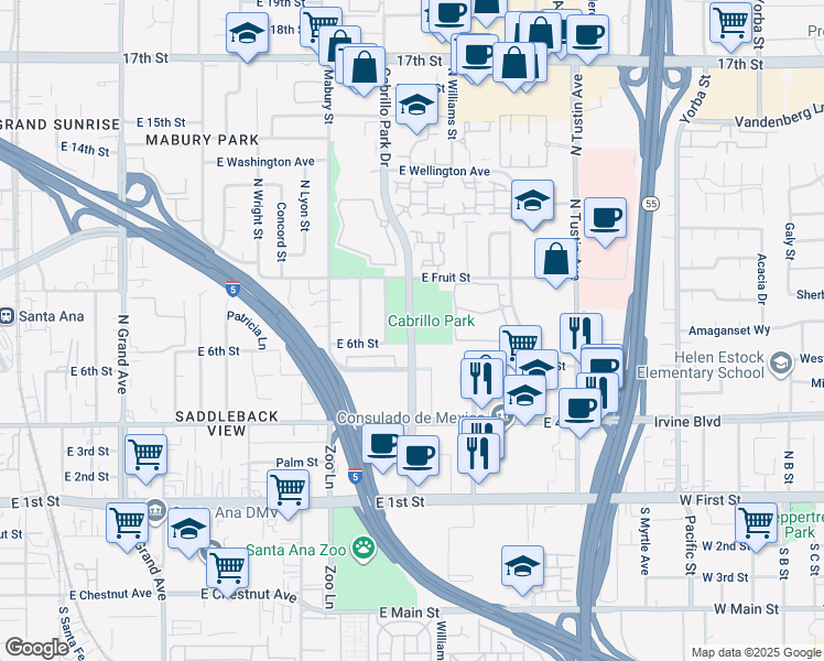 map of restaurants, bars, coffee shops, grocery stores, and more near Cabrillo Park Drive in Santa Ana