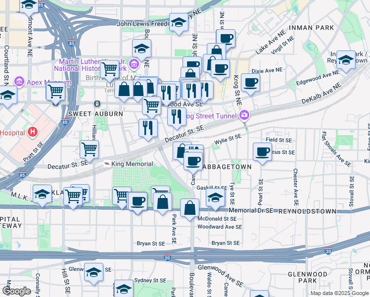 map of restaurants, bars, coffee shops, grocery stores, and more near 170 Boulevard Southeast in Atlanta