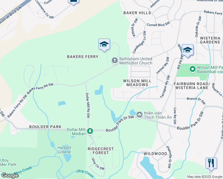 map of restaurants, bars, coffee shops, grocery stores, and more near 704 Tarragon Way Southwest in Atlanta