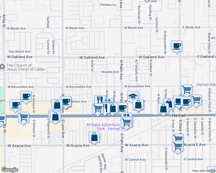 map of restaurants, bars, coffee shops, grocery stores, and more near 1018 West Devonshire Avenue in Hemet