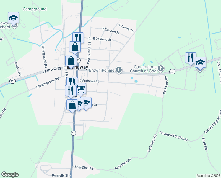 map of restaurants, bars, coffee shops, grocery stores, and more near 202 County Road S-45-34 in Hemingway