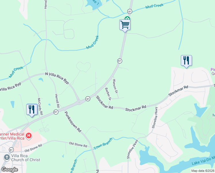 map of restaurants, bars, coffee shops, grocery stores, and more near 1201 Dallas Highway in Villa Rica