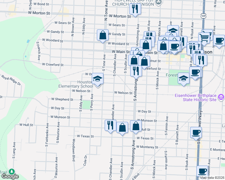 map of restaurants, bars, coffee shops, grocery stores, and more near 926 West Morgan Street in Denison