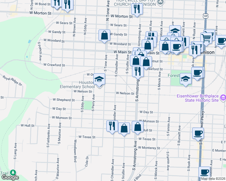 map of restaurants, bars, coffee shops, grocery stores, and more near 1026 West Morgan Street in Denison