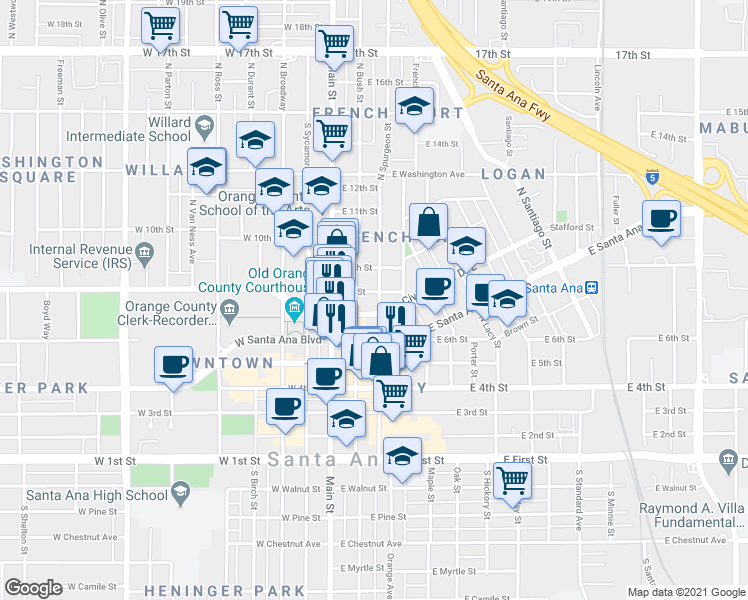 map of restaurants, bars, coffee shops, grocery stores, and more near 301 8th Street in Santa Ana